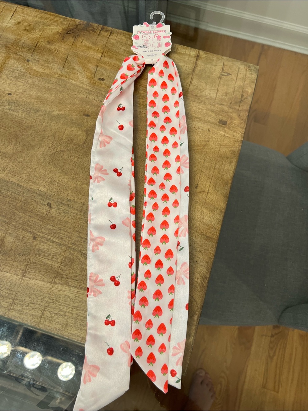 2 Satin Hair Scarf - Pink Strawberry & Cherry Print